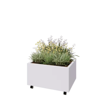 Jardinera de acero - Rectángulo - 80 x 60 x 40 cm - RAL9010 mate (blanco) - Con placa inferior - Con ruedas