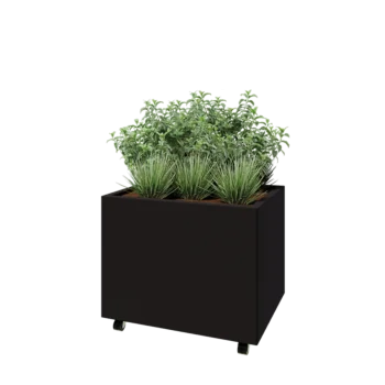 Jardinera de acero - Rectángulo - 80 x 60 x 60 cm - RAL9005 mate (negro) - Con placa inferior - Con ruedas