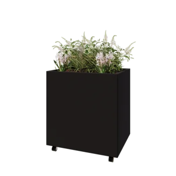 Jardinera de acero - Rectángulo - 80 x 60 x 80 cm - RAL9005 mate (negro) - Con placa inferior - Con ruedas