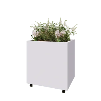 Jardinera de acero - Rectángulo - 80 x 60 x 80 cm - RAL9010 mate (blanco) - Con placa inferior - Con ruedas
