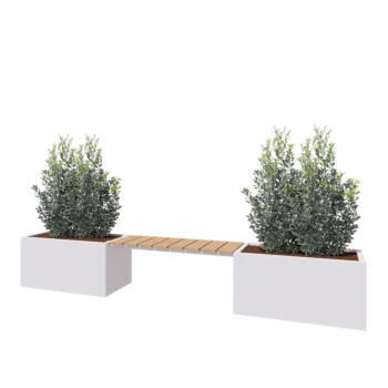 Jardinera de acero - Rectángulo - 321,2 x 50 x 50 cm - RAL9010 mate (blanco) - Con placa inferior - Con banco
